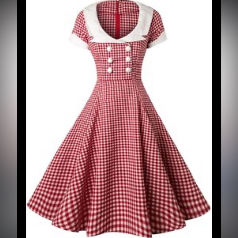 Collectif London XS Strechy 50`s Swing Dress, short sleeves Red Pleated